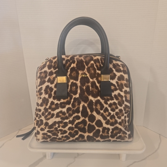 Furla Pony Style Calf Hair Leather Leopard Animal Print Satchel Shoulder Bag